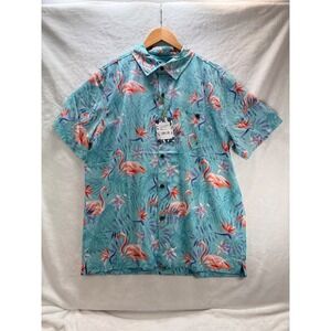 Havana Jim Flamingo Button Up Shirt NWT Aqua Pink Flamingos Mens Large H32UP04W